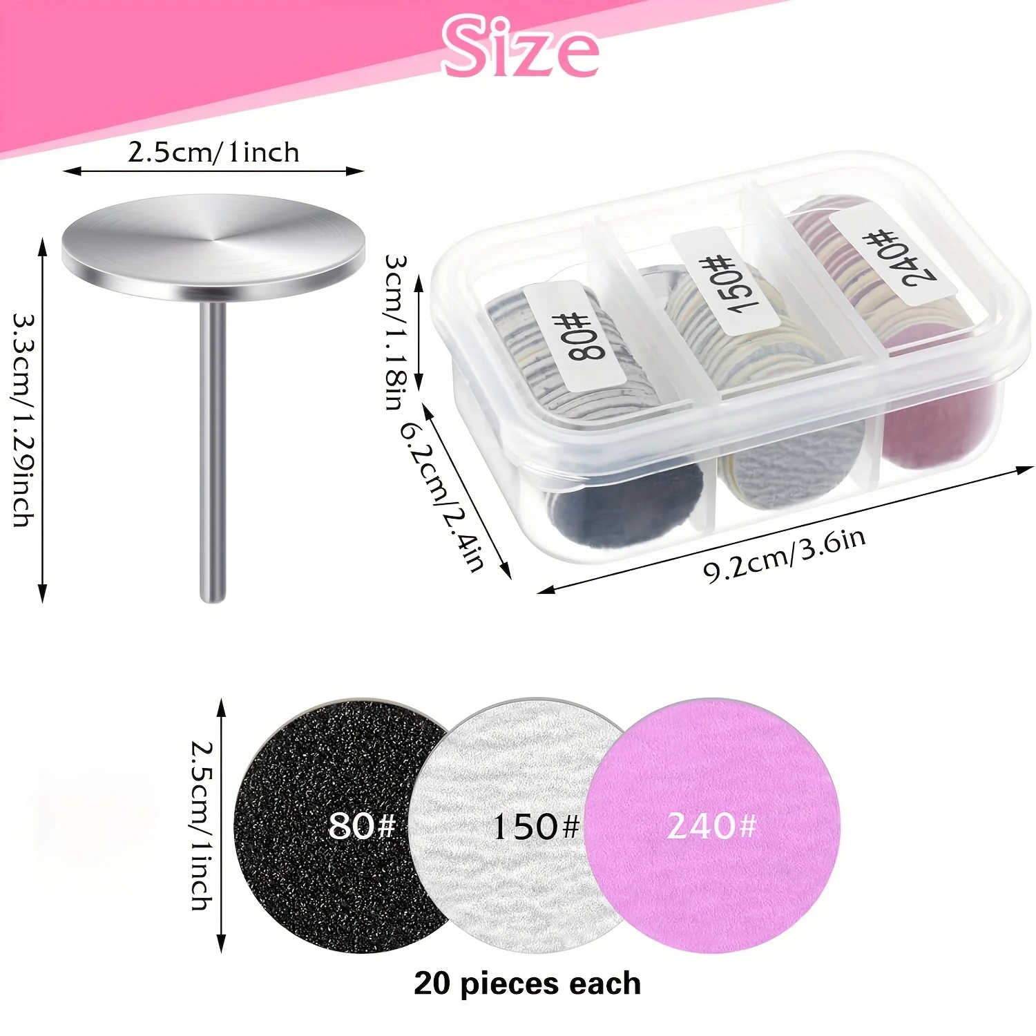 Bandeja de papel de lija de 60 piezas con taladro de uñas de metal de 0,98 pulgadas - Reemplazo de taladro de uñas con bandeja de papel de lija para pedicura y manicura