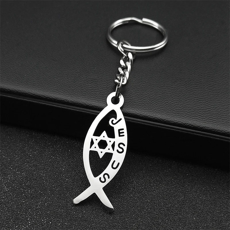 Ichthys Jesus Fish Hollow Key Chain for Women Men Stainless Steel Gold Color Hexagram Star of David Key Ring Jewelry K3535S02 - Image 5