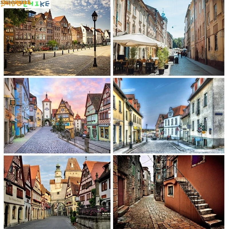 

European Street Scenery Photography Backdrops Props Blue Sky White Cloud Nature lawn Forest Photo Studio Background KH-03