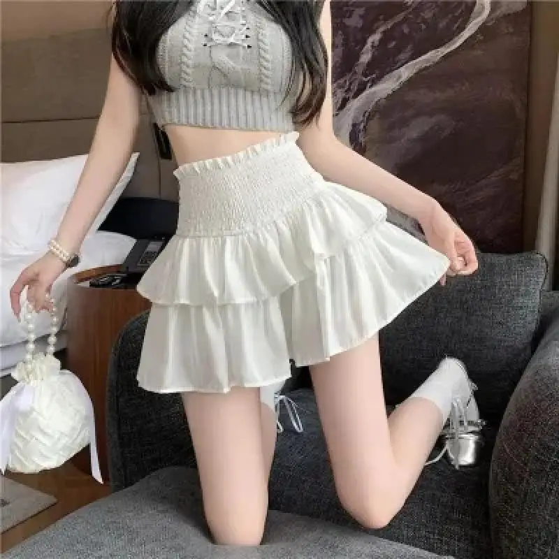 2024 New White Fluffy Skirt for Women Fashionable High Waisted Cake Skirt for Women Waist Tied A-Line Pleated Short Skirts