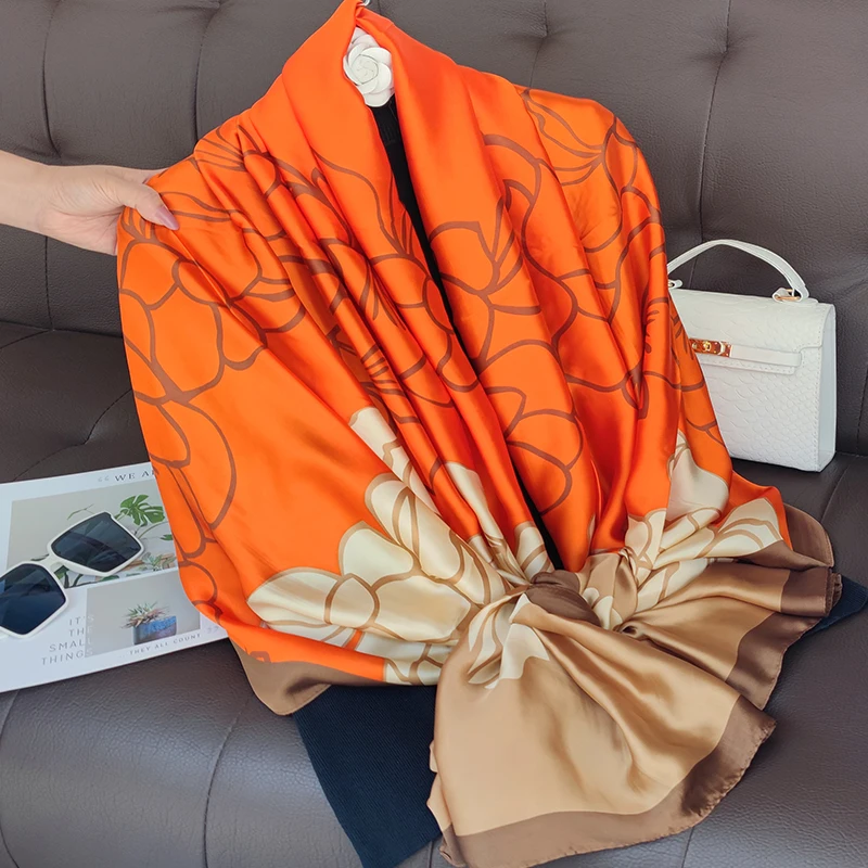 180*90cm New Style Luxury Brand Autumn Winter Women Fashion Large Print Sunscreen Silk Scarf Lady Popular Headcloth Beach Shawl