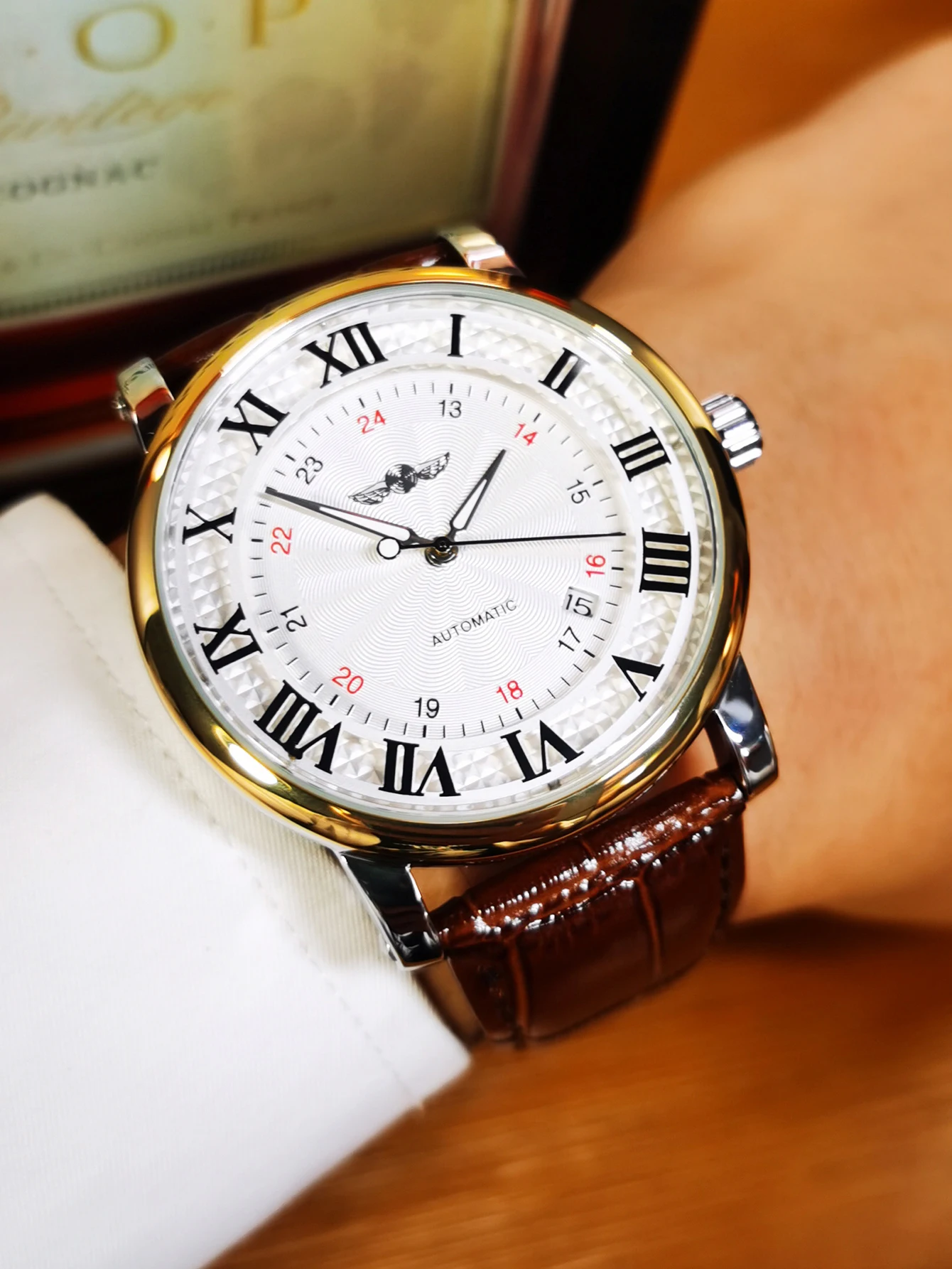 WINNER Fashion Business Mechanical Watches Date Display Minimalist Automatic Watch for Men Casual Brown Leather Strap Wristwatch