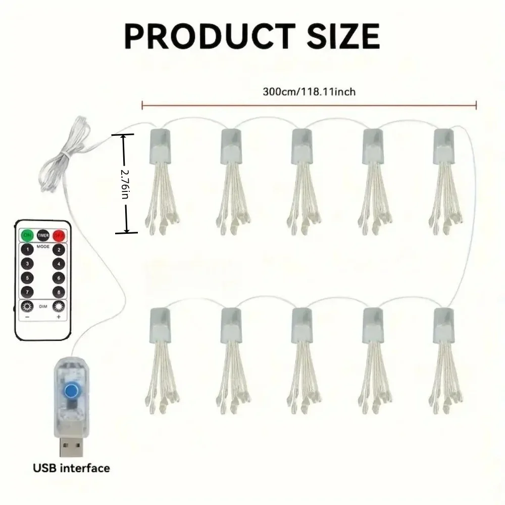 1PC 3M100LED USB Fireworks Light String with Remote Control,Suitable for Wedding Set,Courtyard,Garden,Camping Decoration