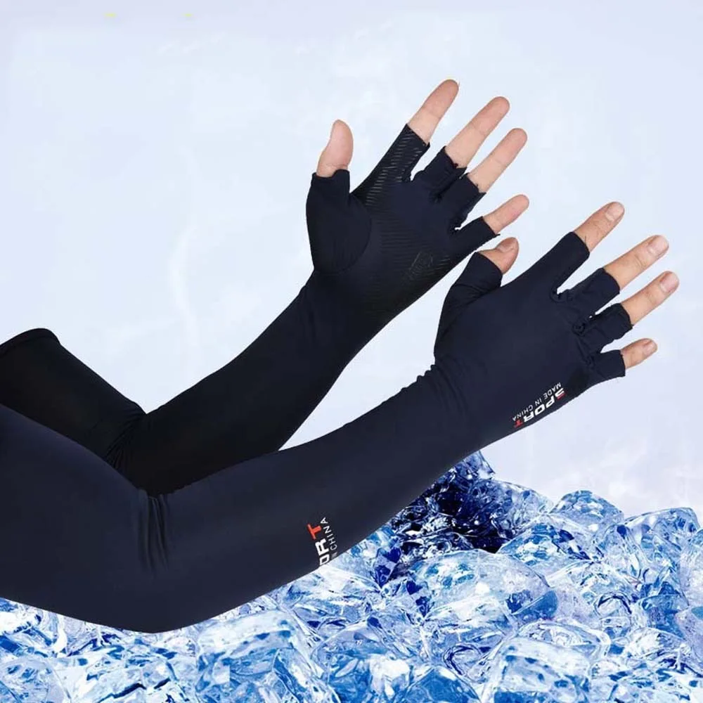 Thin Half Finger Ice Sleeves Two Fingers with Exposed Breathable Summer Long Arm Covers Anti-Slip Sweat-absorption