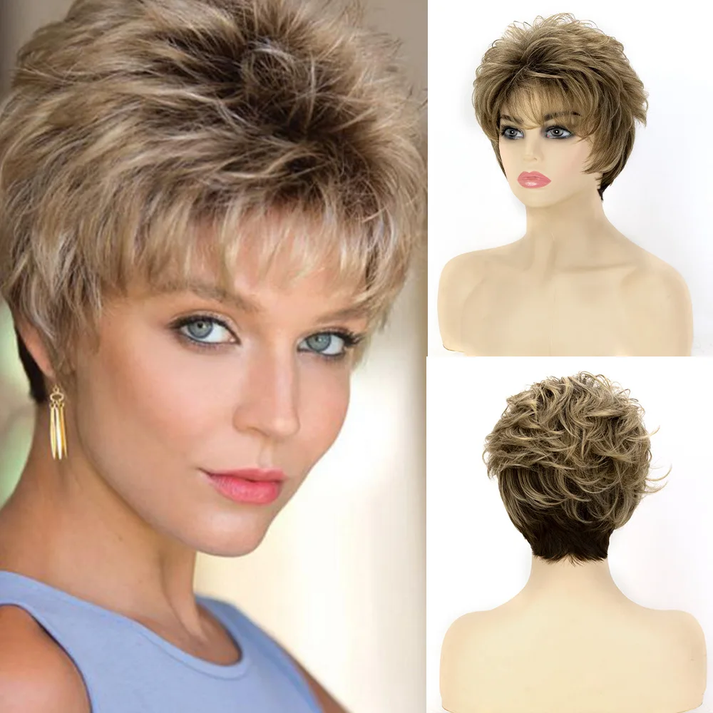 

Short Pixie Cut Synthetic Wigs For Women Natural Straight Curly Ombre Blonde with Bangs Hair Style Daily Use Womens Hair Wig