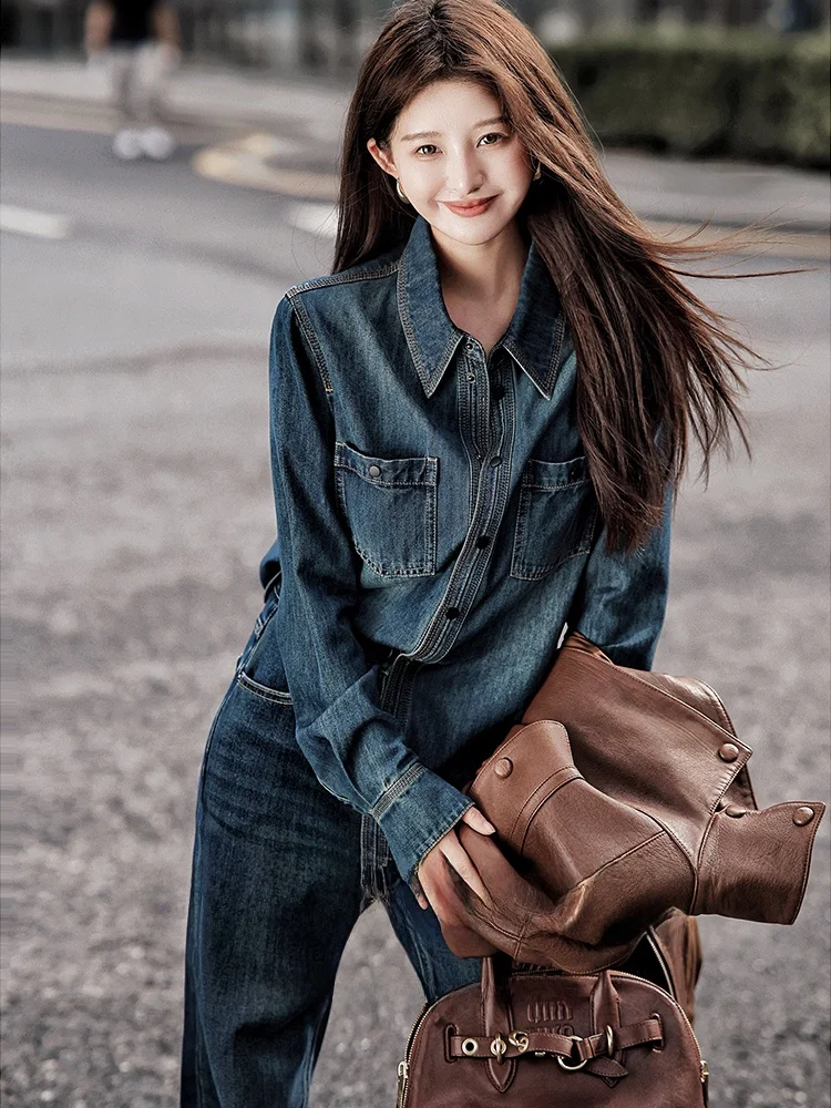 

Retro Denim Shirt Women's New Style Spring Autumn Fashion Unique Top Layered Base Layer Shirt Coat Winter Collar Long Sl...