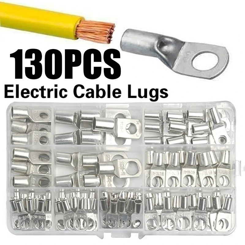 130pcs Assortment Car Auto Copper Ring Terminal Wire Crimp Connector Bare Cable Battery Terminals Soldered Connectors HX-50B Kit