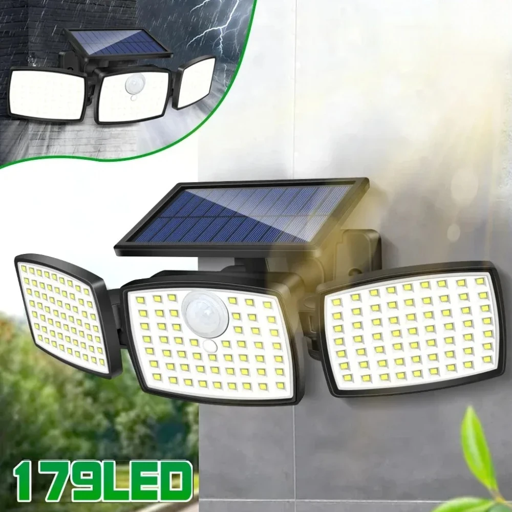 1/2PCS 179 LED Solar Outdoor Lights 3 Heads Motion Sensor with Remote 3 Modes Waterproof Solar Security Wall Lamp for Patio