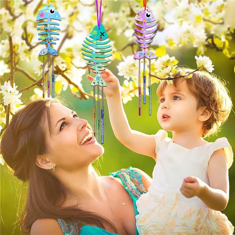 AB11 24 Pack Wind Chime Kit Spring for Craft for Kids DIY Wooden Arts and Crafts for Make Your Own Fish Wind Chime