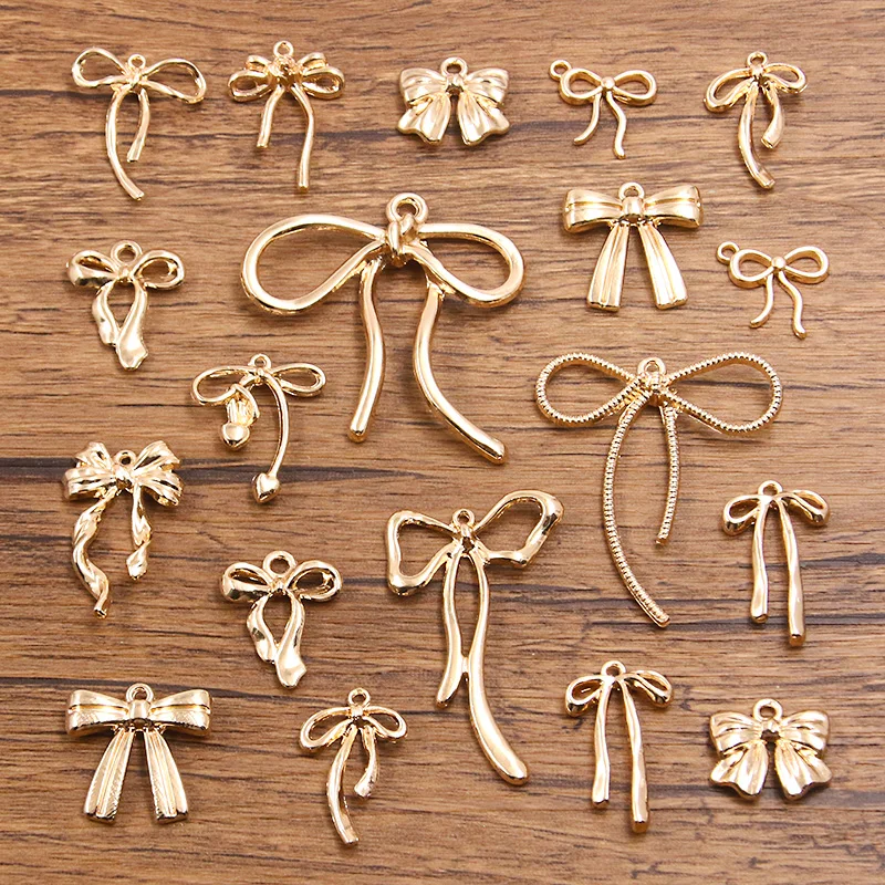 10Pcs 13Style KC Gold Color Retention Metal Alloy Hollow Bow Charms Holiday Gifts Pendants For Jewelry Making DIY Handmade Craft