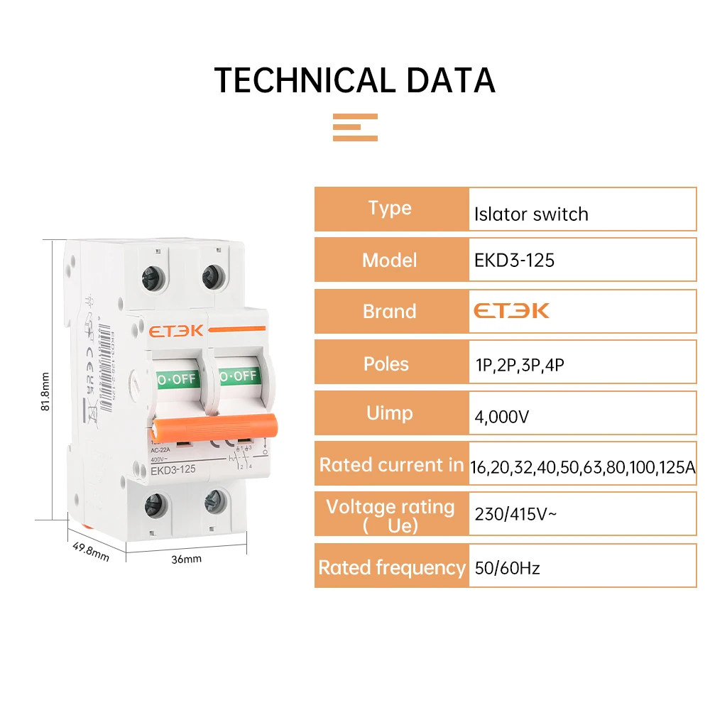 EKET Isolater Switch AC type 125A Low Voltage 50Hz 1,2,3,4 pole 240/415V Miciature Isolater Switch EKD3 - Detail 1