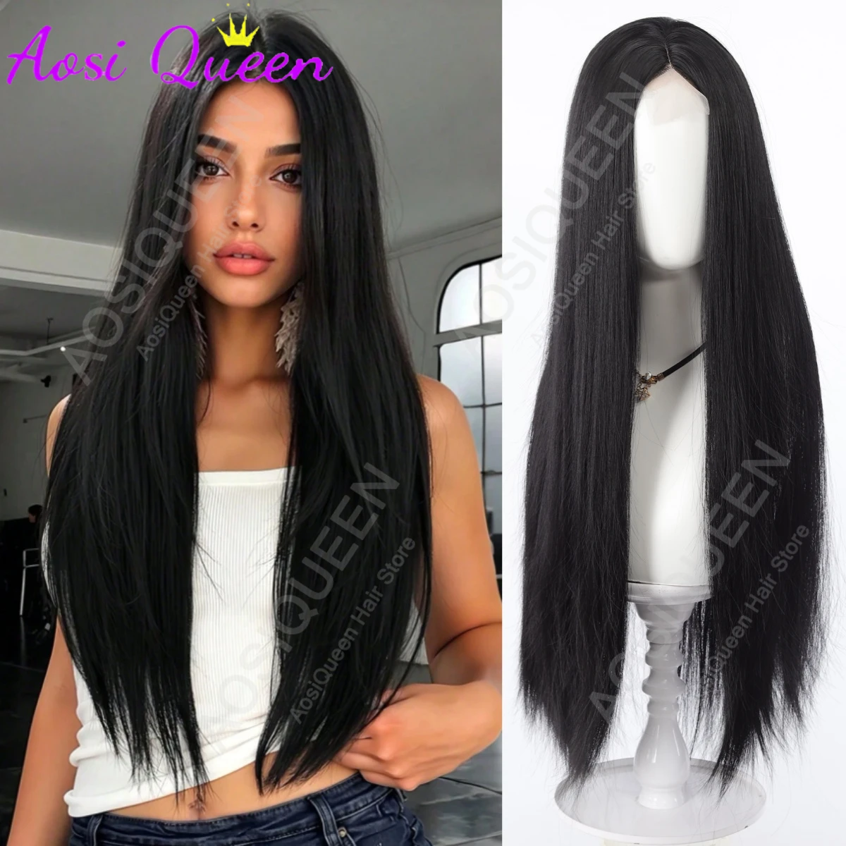 28Inch Fashion Long Black Straight Middle Part Wig Synthetic Hair Long Straight Wig For Woman Daily, Party, Halloween, Christmas