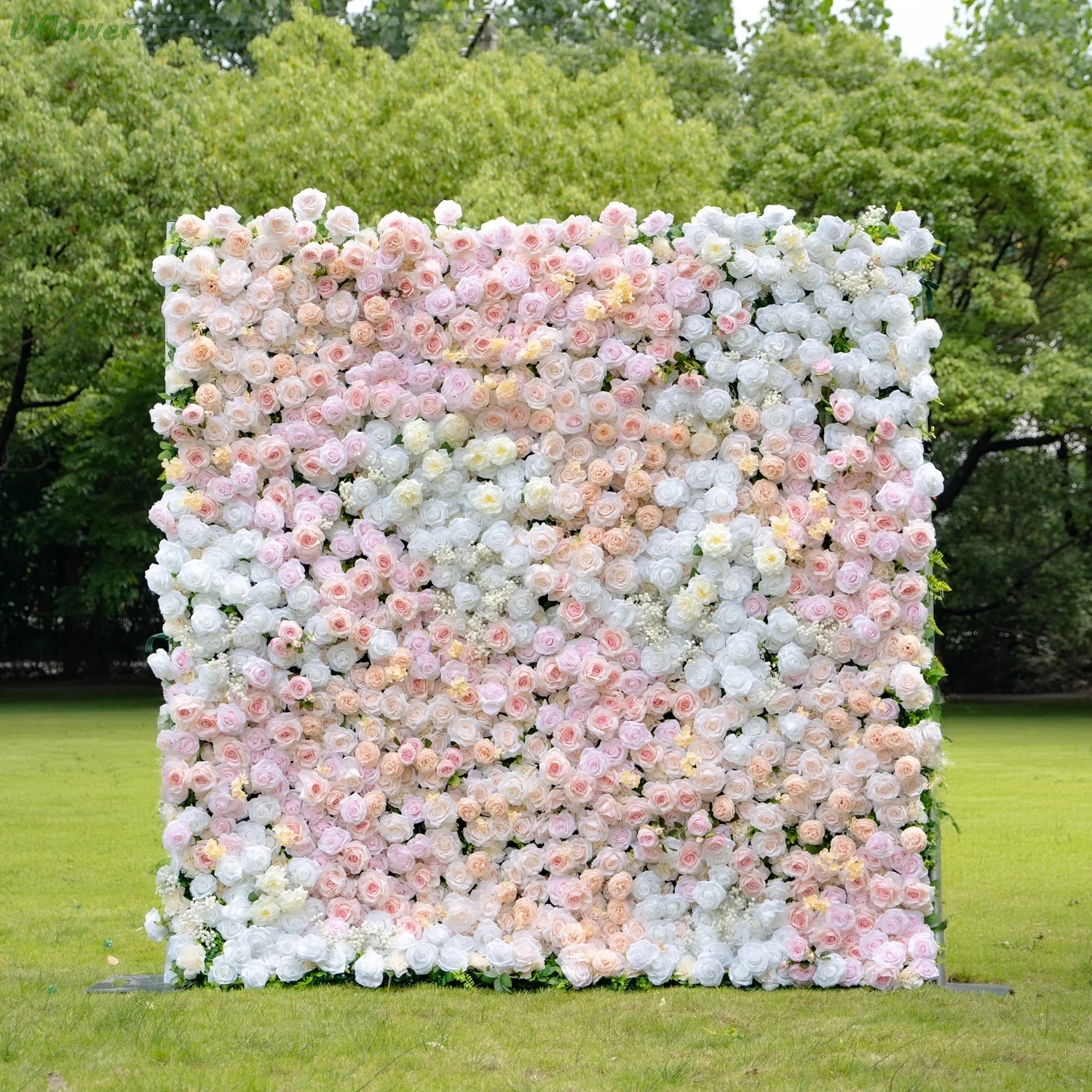 

Uflower Pink & White Flower Wall Roll-Up Hanging Fabric Backdrop Artificial Floral Curtain for Wedding Event Party Decorations