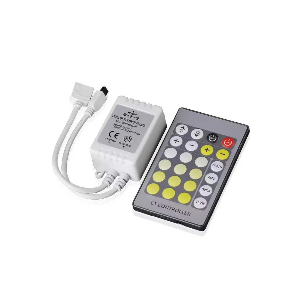Dual Color LED Strip Controller 24-Key Wireless IR Remote Dimmer for DC 12V 24V BiColor Bar Lamp Module Lighting Fixture Control