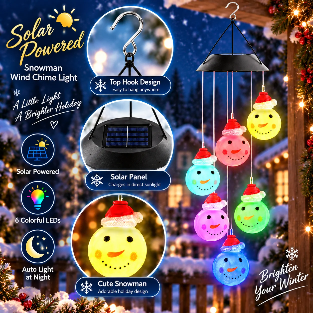 1PC Solar Snowman Wind Chime Light Color Changing 6LED Christmas Hanging Lamp for Outdoor Porch Garden Yard Winter Holiday Decor