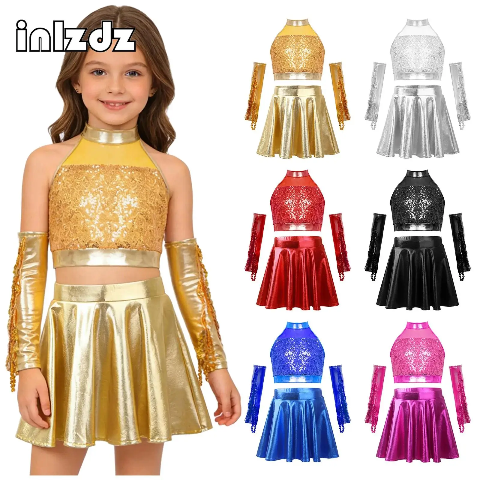 

Kids Girl Jazz Dance Outfit Hip Hop Street Performance Set Sleeveless Sequins Crop Top+Skirt+Gloves Set for Training Competition