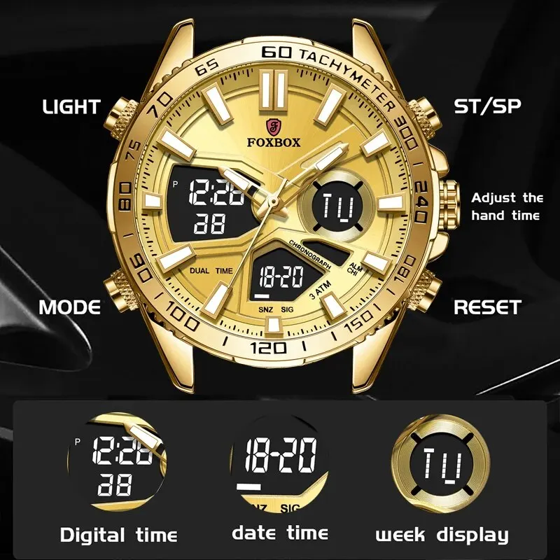 Top Luxury Brand Mens Sport Watch Gold Quartz LED Clock Men Waterproof Wrist Watch Male Military Watches Relogio Masculino+BOX