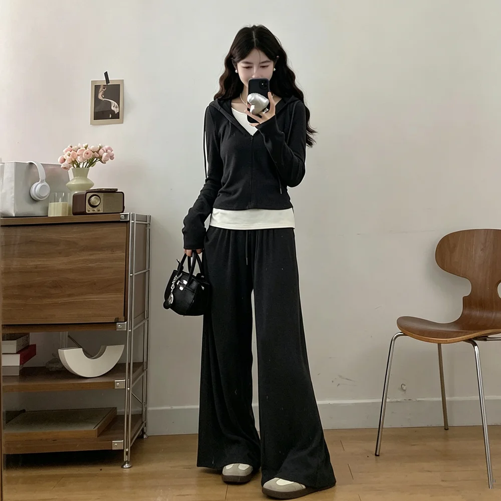 plus Size Women's Casual Hoodie Wide Leg Pants Set Deep Grey Two Piece Korean Style Fashionable Autumn Outfit