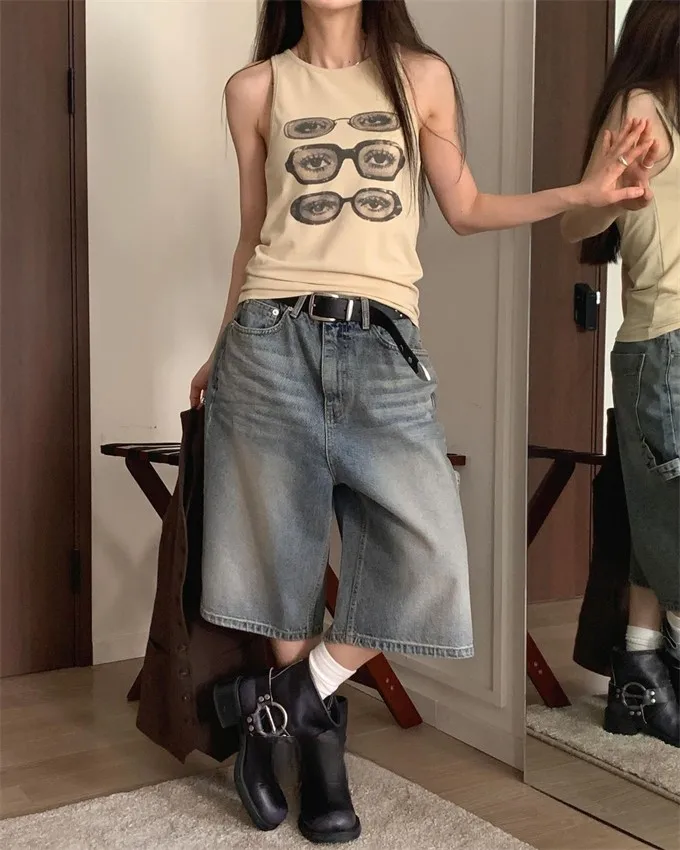 Unico SEI Coreano Sle Street Abbigliamento da lavoro neutro Gamba larga Jeans casual larghi vintage Pantaloni di media lunghezza per le donne