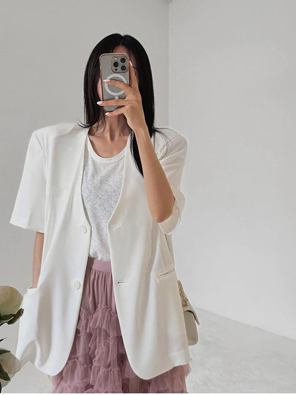 

Элегантный женский летний пиджак с V-образным вырезом и коротким рукавом, свободный крой, с подплечниками, с поясом, в западном стиле