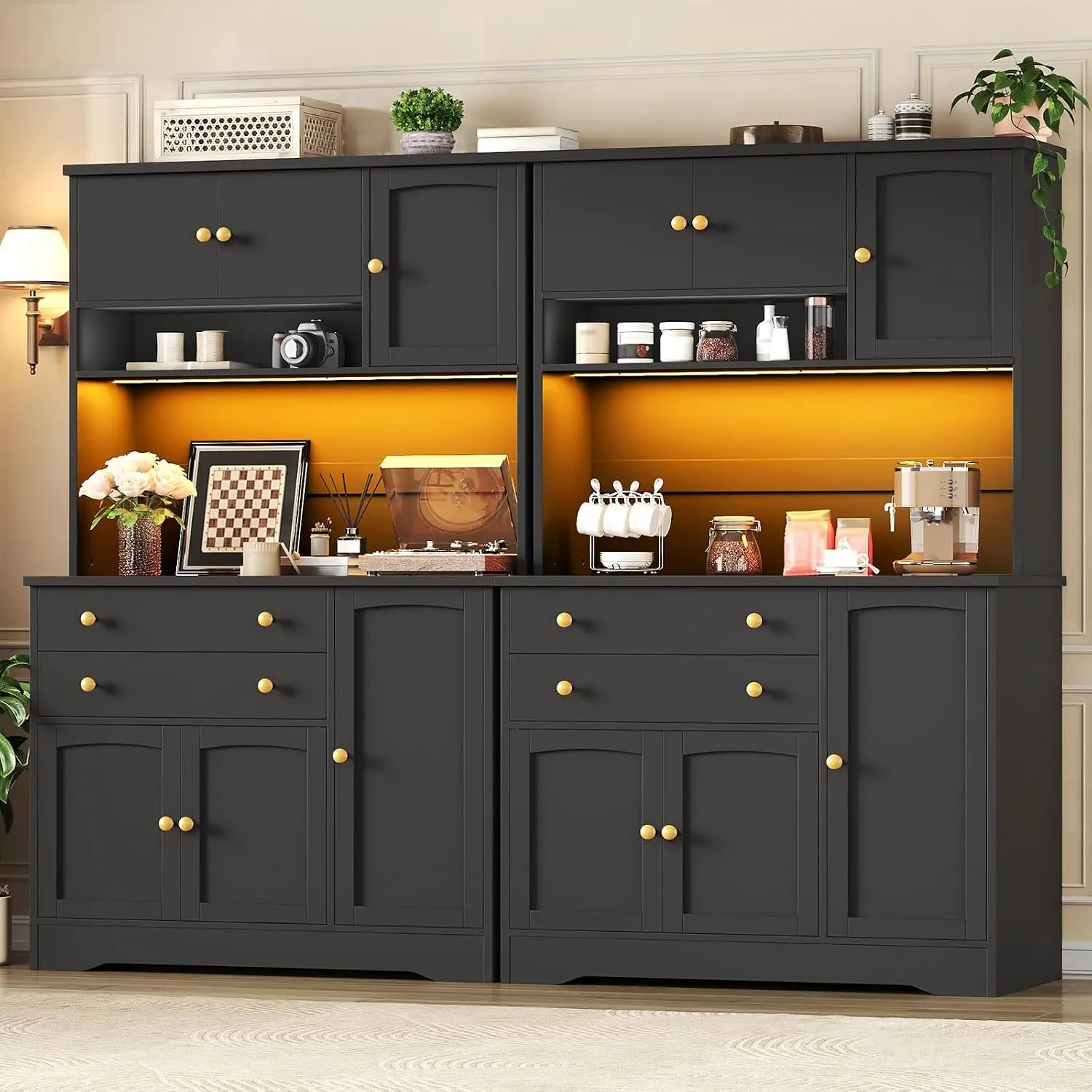 Pantry Cabinet 2-Pack with Charging Station & LED Light, Kitchen Hutch with Drawers & Adjustable Shelf, Tall WoodenCustomized