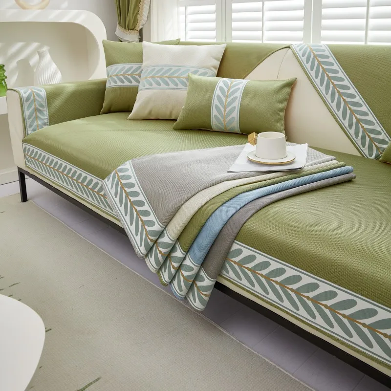 Summer Ice silk Sofa Cover Non-Slip Cushion Jacquard Cool Cushion Living Room Sofa Backrest Armrest Leather Sofa Cover Seat
