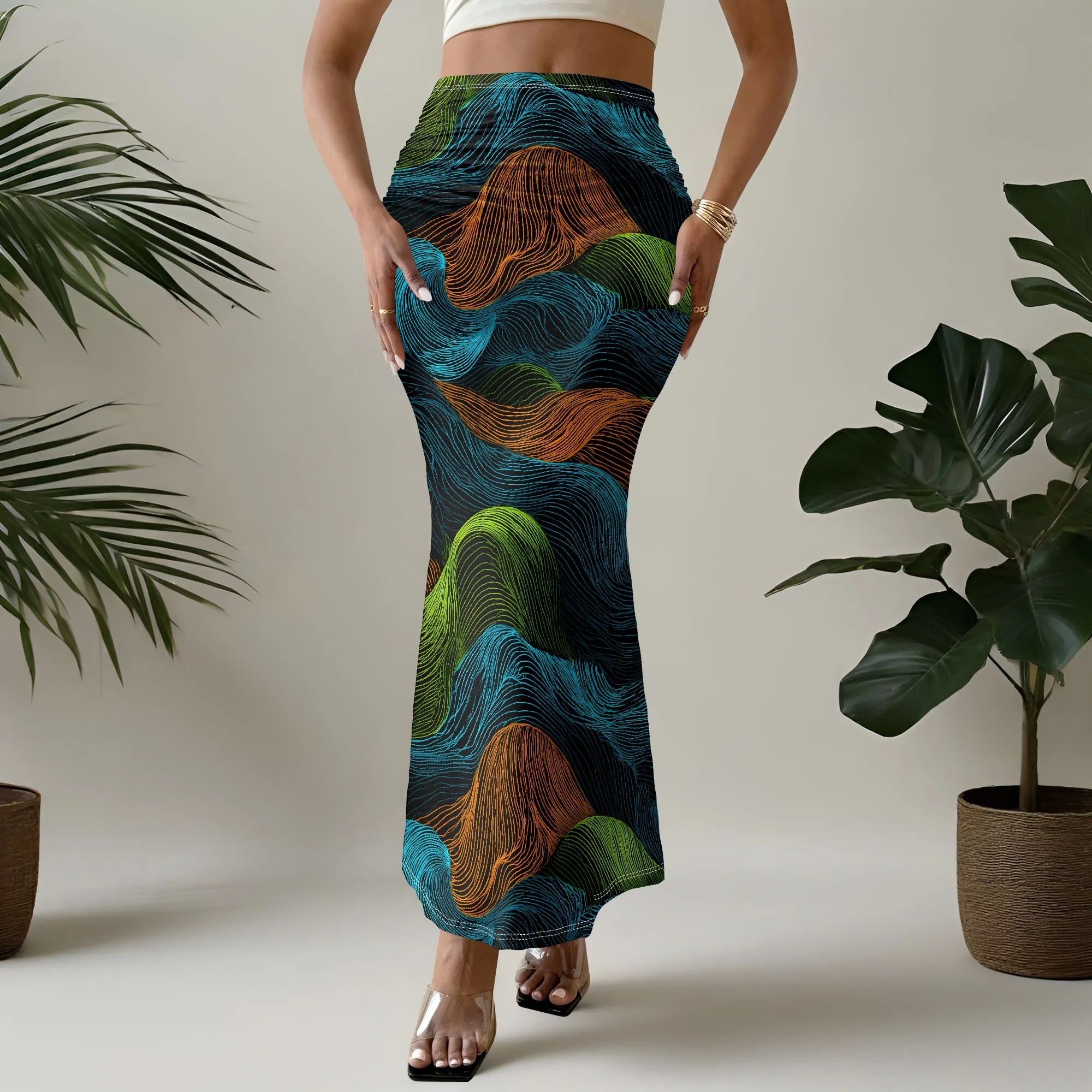 Abstract Wave Print Mermaid Skirt, Colorful Pattern Maxi Skirt, Elastic Waist Bodycon Skirt for Women Party Clubwear S-2XL