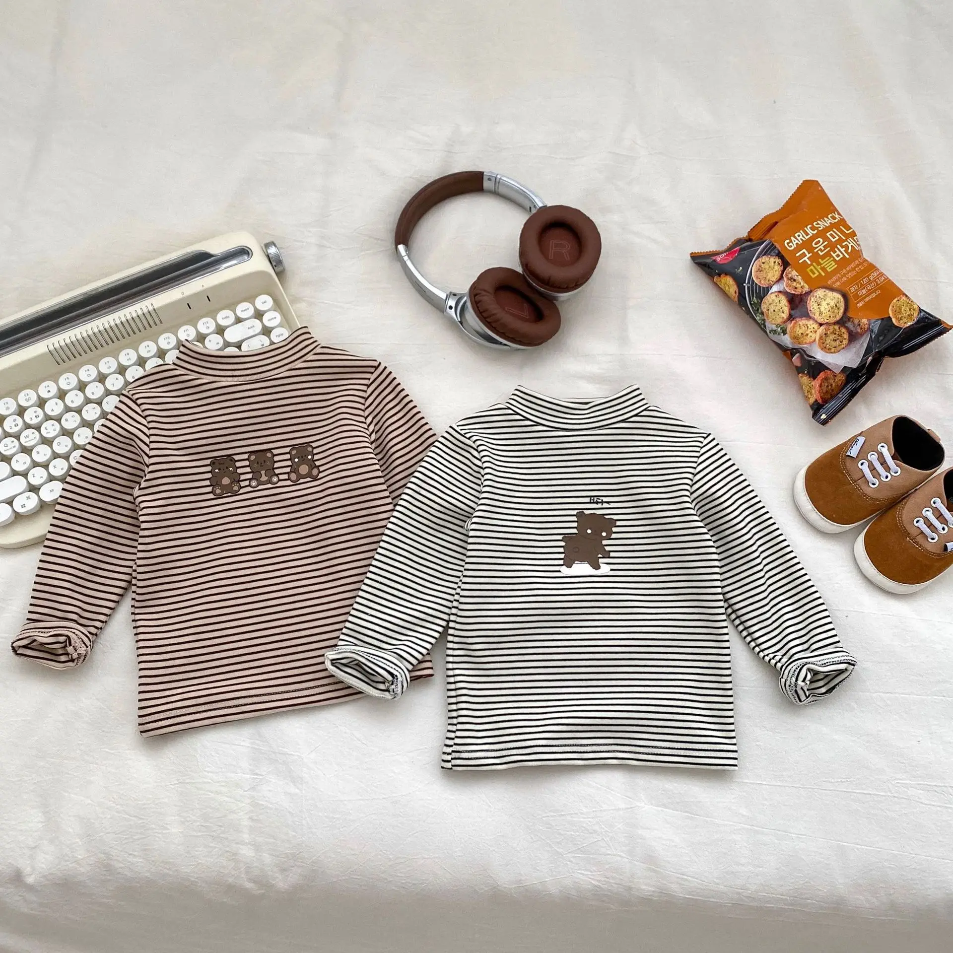 2025 Autumn New Baby Long Sleeve Striped T Shirts Children Elastic Versatile Tops Cotton Boys Girls Cute Bear Bottoming Shirts