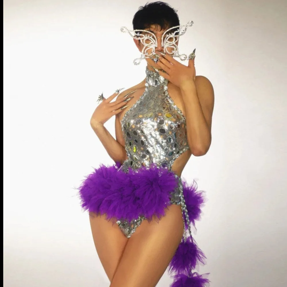 

Sequins Bodysuit Passionate Shining Backless Dancing Costume with Gauze Skirt for Nightclub Bar Events Show Stage