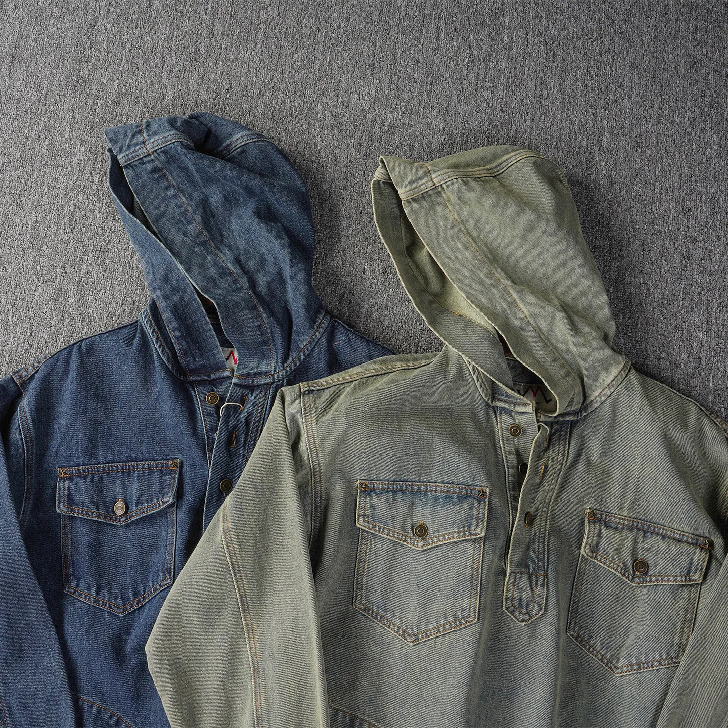 Heavy retro Ami khaki hooded workwear multi-pocket denim jacket men's washed old trendy street jacket