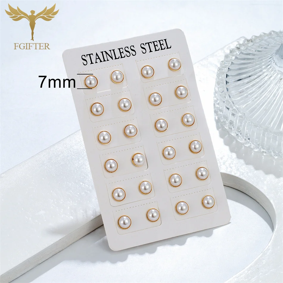 12 Pairs Pack Golden Stainless Steel Stud Earings for Women 5-10mm Half Artificial Pearl Earrings Set piercing acier inoxydable