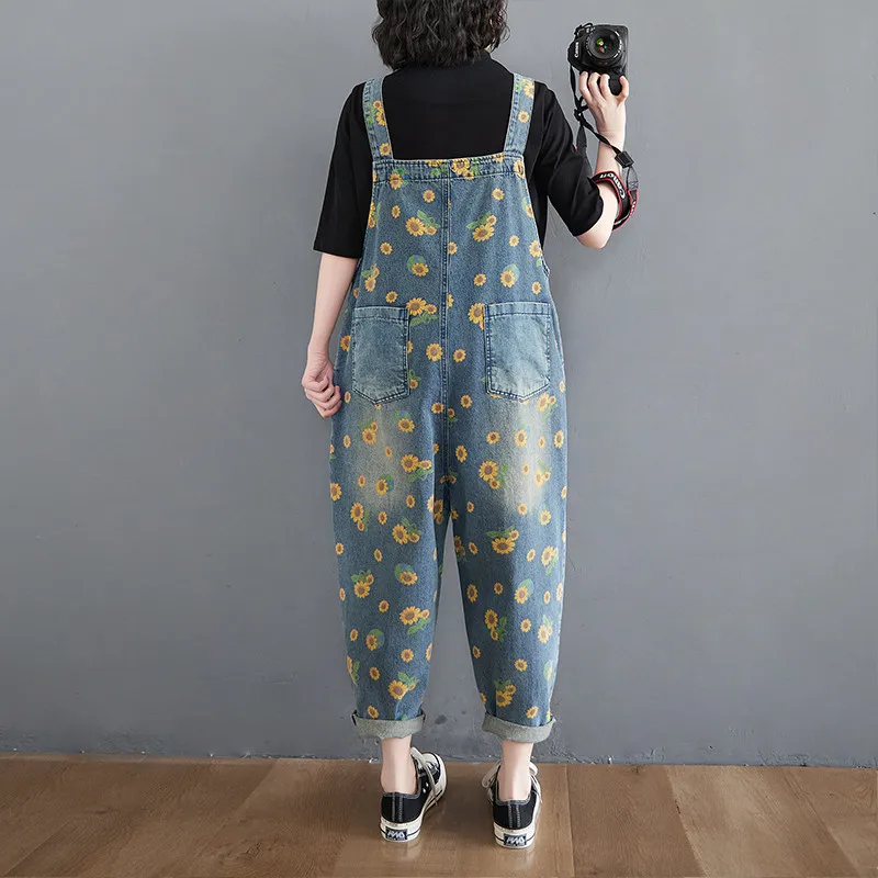 2023 Spring Denim Jumpsuit Women Harajuku Washed Blue Suspender Jeans Vintage Print Wide-Leg Overalls Female Casual Romper G2618