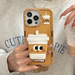 Funny 3D Coffee Cup Folding Holder Stand Case For iPhone 16 Pro Max 17 15 14 13 12 11 Soft Silicone Bracket Back Cover