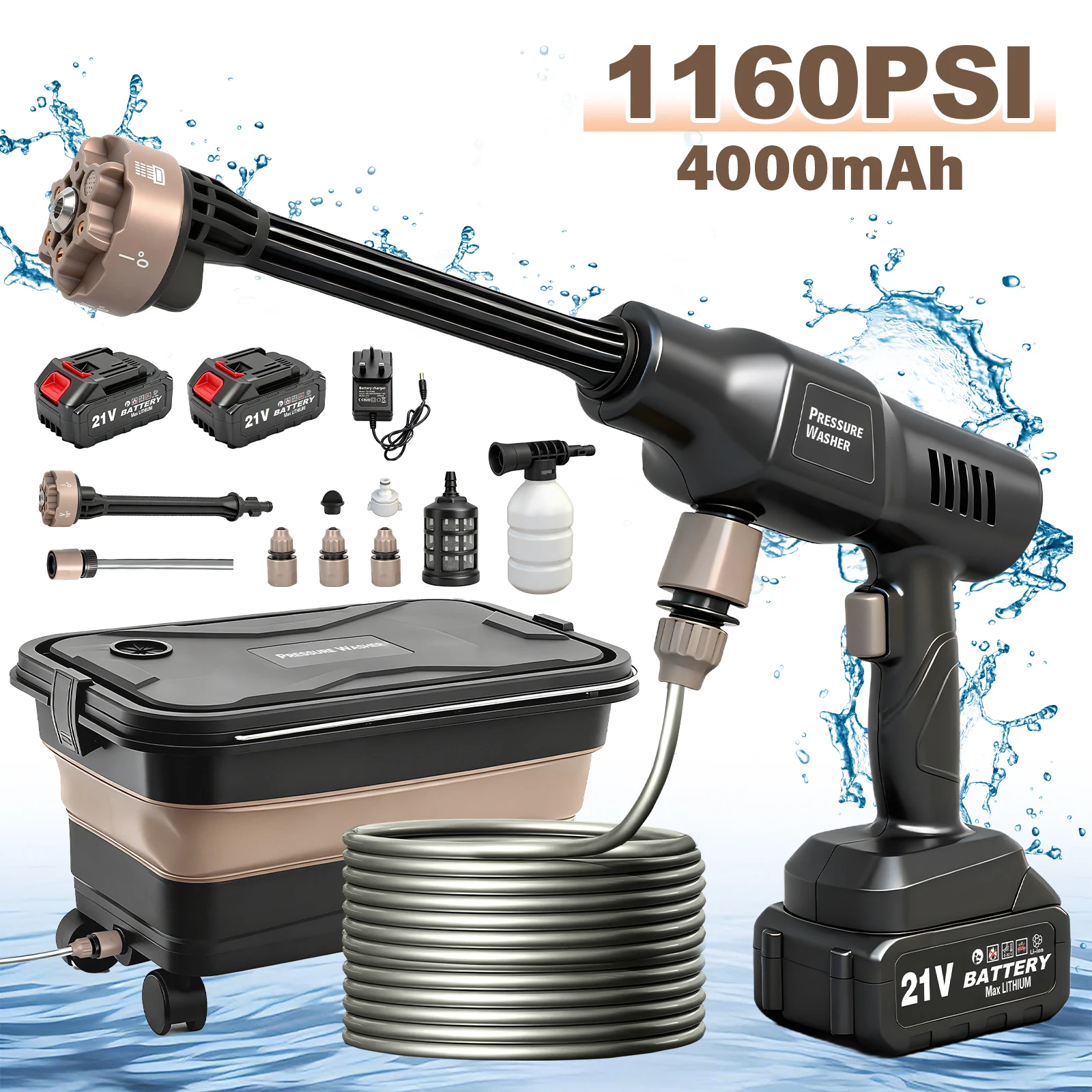 Cordless Pressure Washer 1160PSI With Foldable Water Tank Portable High Pressure Wash Spray Water Gun Cleaner 2x4.0Ah Batteries 6-in-1 Adjustable Nozzle for Cars Fences Patio Cleaning