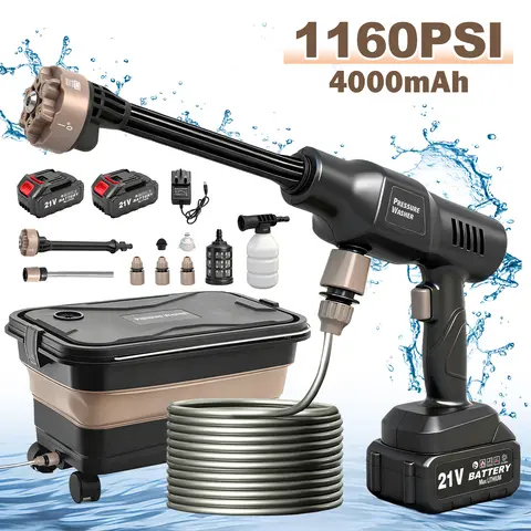 Cordless Pressure Washer 1160PSI With Foldable Water Tank Portable High Pressure Wash Spray Water Gun Cleaner 2x4.0Ah Batteries 6-in-1 Adjustable Nozzle for Cars Fences Patio Cleaning