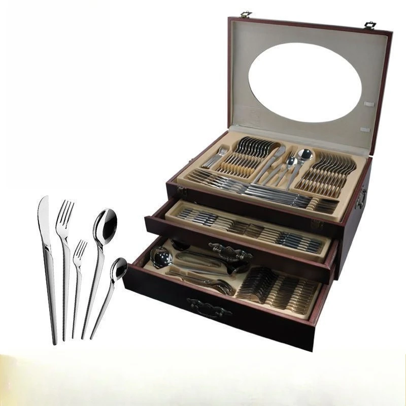 

129-piece tableware, Western tableware set, stainless steel knives, forks and spoons, knives, forks and spoons with wooden box g