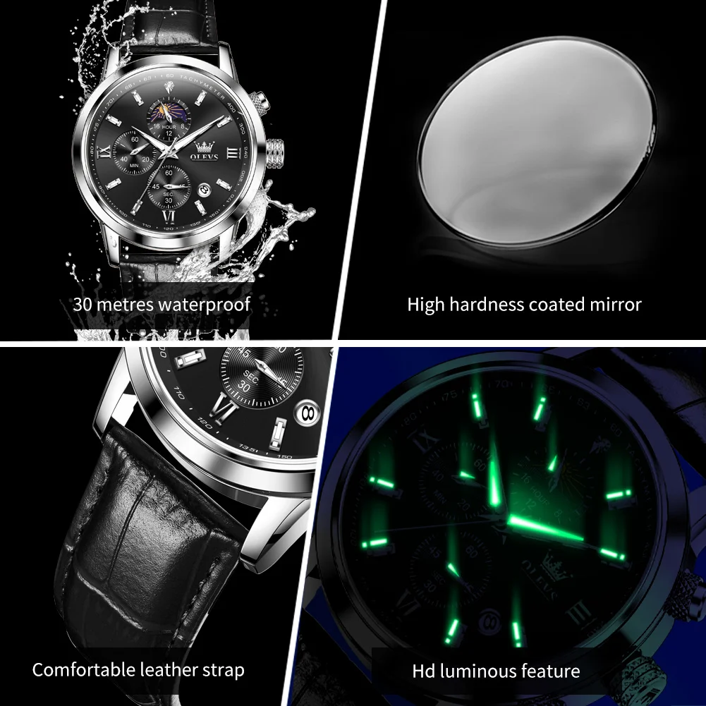 OLEVS 9812 reloj para hombre nuevo reloj de cuarzo cómodo Original correa de cuero impermeable fase lunar luminosa reloj automático con fecha