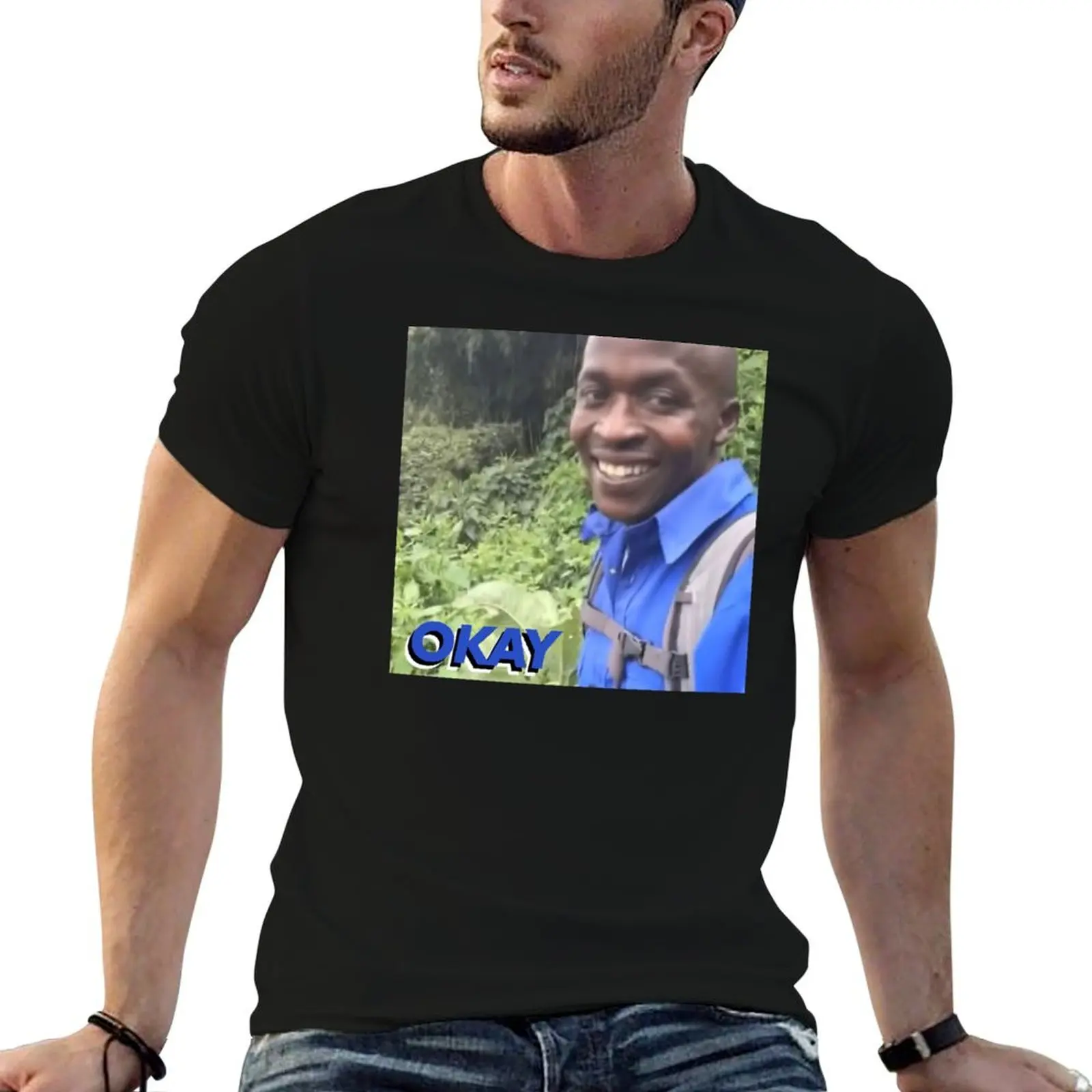 Hi Okay Black man in Blue Shirt on Jungle Tour Meme Socially Awkward T-Shirt Labor Work Casual T-Shirt
