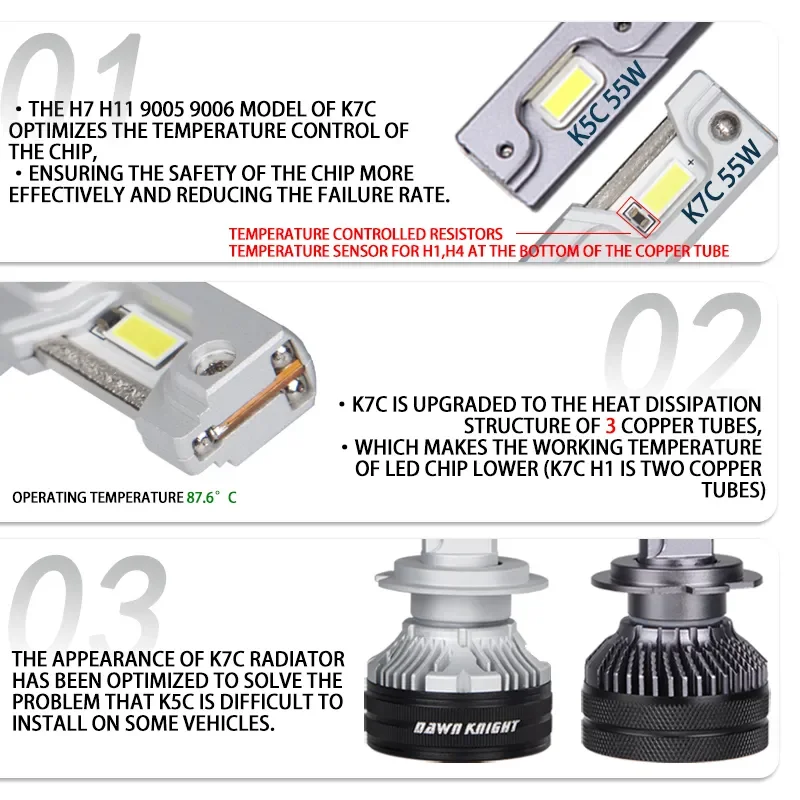 DAWNKNIGHT K7C 4300K H4 H1 H7 Led Headlamp 3 Copper Tube Led Lights For Car H11 HB3 9005 HB4 9006 12V 2pcs