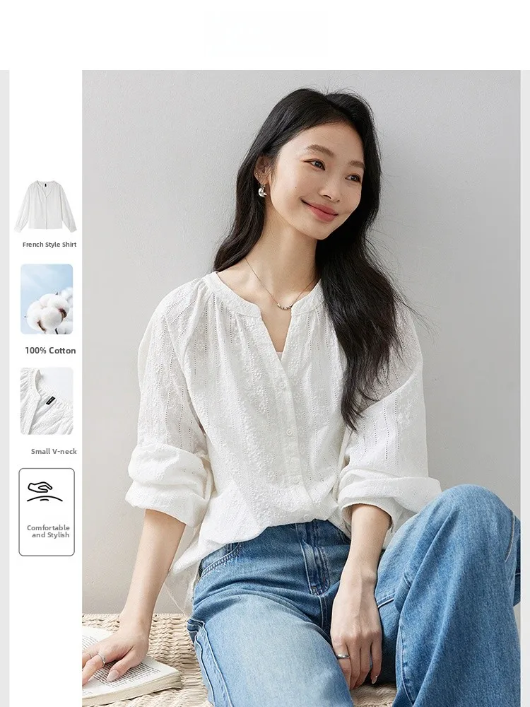 

Fashionable White Small V-neck Cotton Shirt Women's Casual Versatile Commute Spring Autumn New Style Loose Fit Breathable