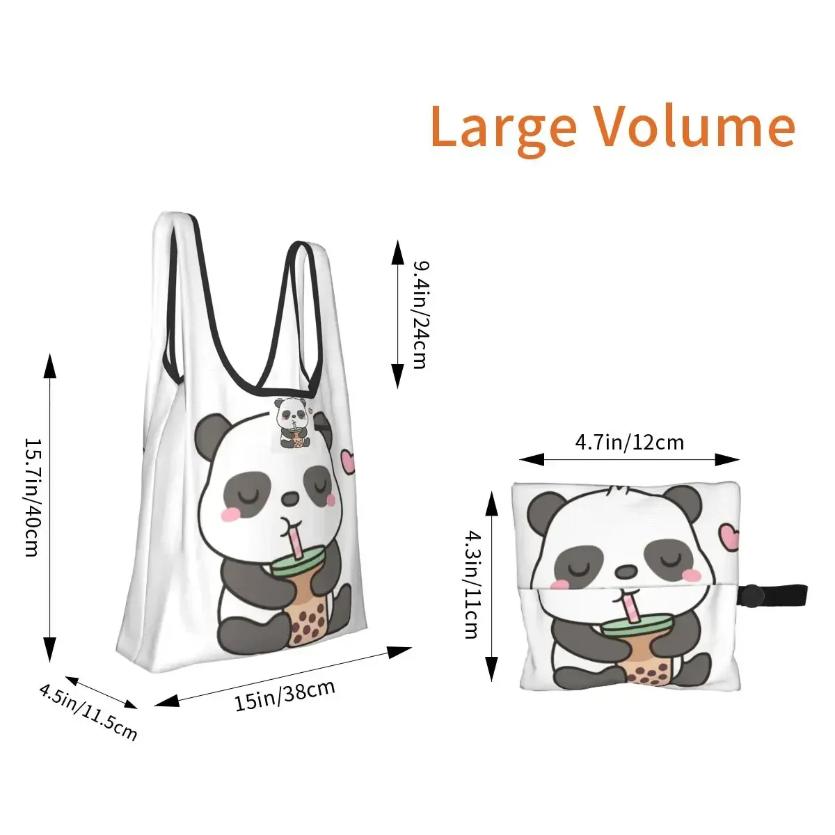 Cute Little Panda Enjoying Boba T Shopping Bag Portable Tote Bags Foldable Shoulder Shopper Bag Groceries Handbag