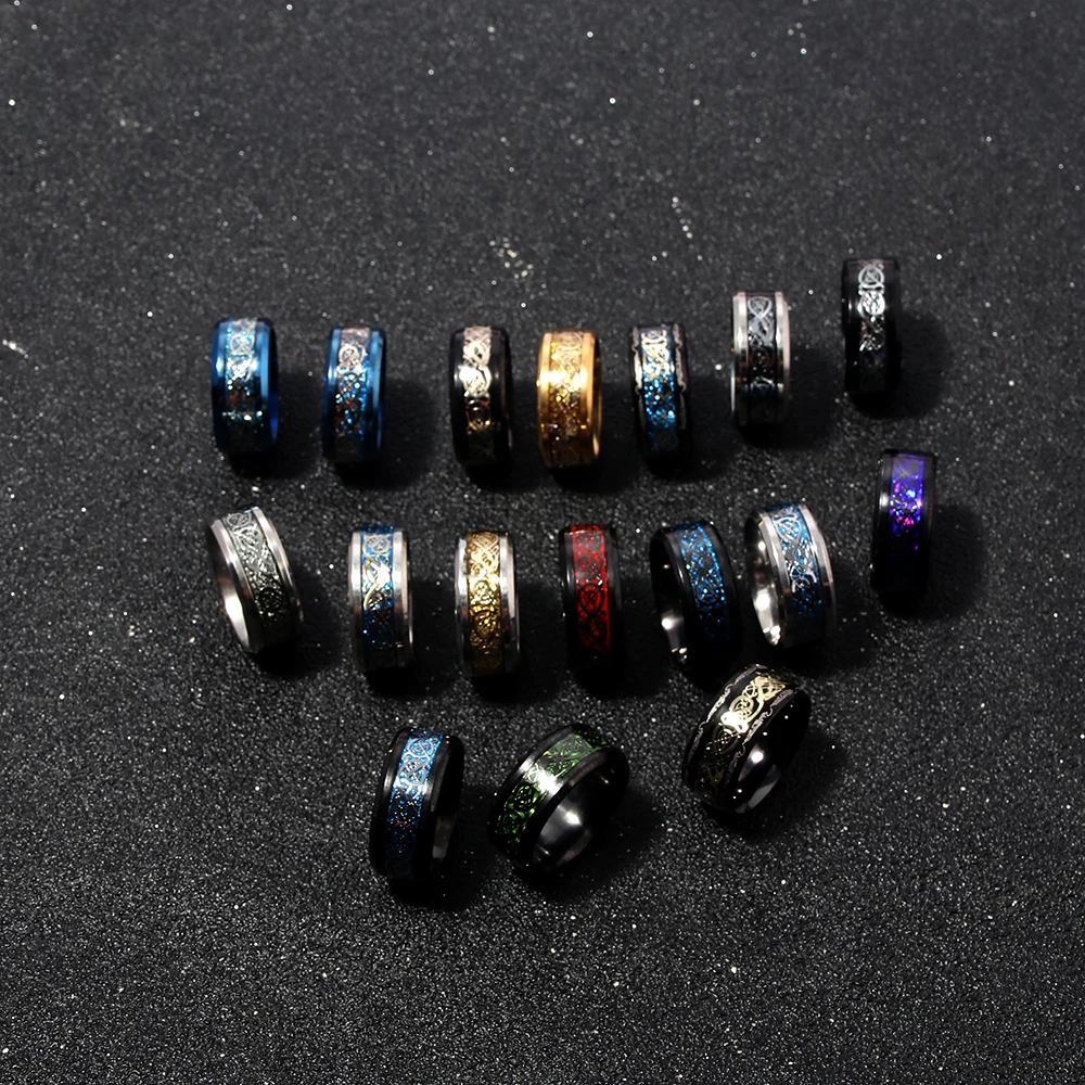 Stainless Steel Celtic Dragon Ring Inlay Red Green Black Carbon Fiber Ring Wedding Band Charm for Men Jewelry Gifts