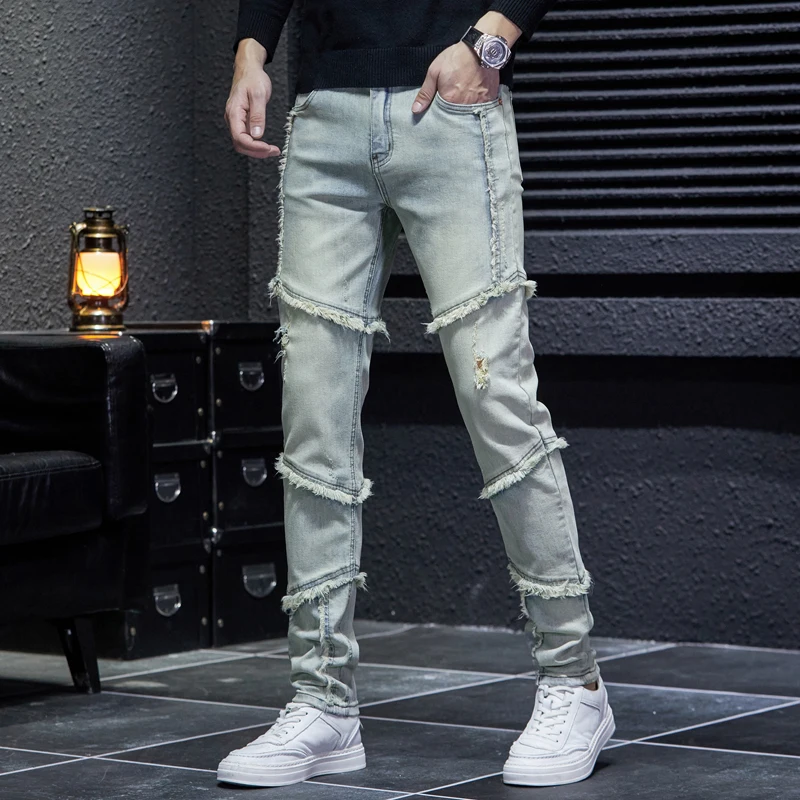 American High Street Jeans Men's Vintage Washed Frayed Casual Fashion Stitching Trendy Slim Stretch Straight Trousers