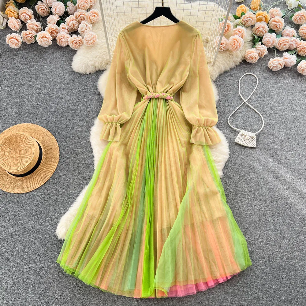 Retro Elegancka plisowana sukienka szyfonowa z dekoltem w szpic z długim rękawem French High Street Casual High Waist Dress Women Summer Dress — zdjęcie 5