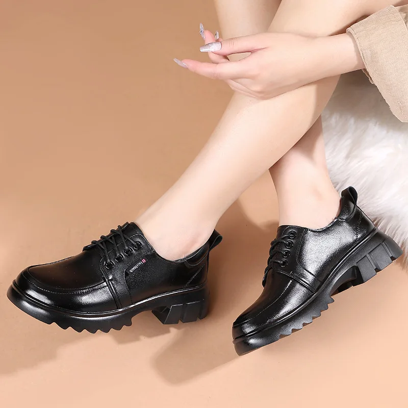 DRKANOL Fashion Women Shoes Lace-Up Round Toe Med Thick Heel Casual Shoes Ladies Real Cowhide Autumn Winter Warm Shoes H5089