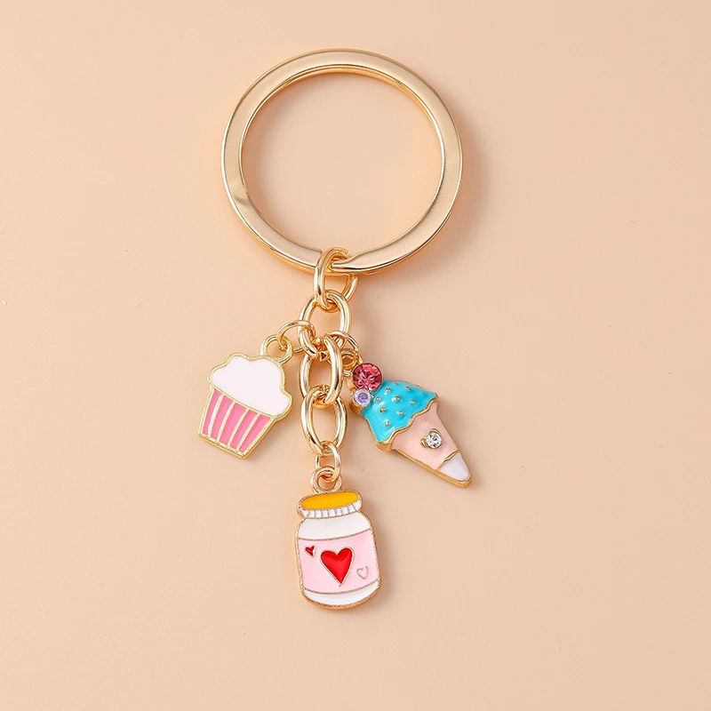 Cute Enamel Simulation Food Keychain Ice Cream Bubble Tea Key Ring Women Girls Handbag Pendants DIY Jewelry Gift