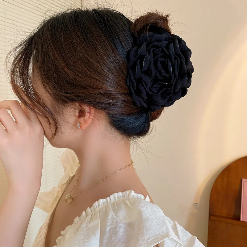 Large Rose Flower Pleated Fabric Acrylic Hair Claw Clips for Women Temperament Shark Clip Gentle French Romantic Accessories New image 5