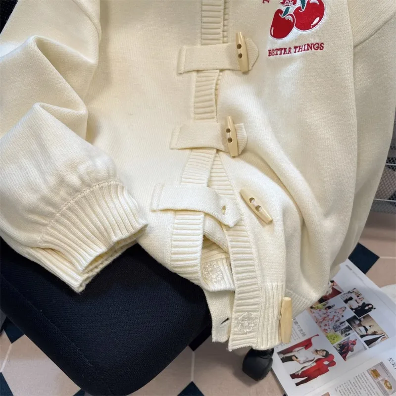 DAYIFUN-Women's Autumn Kawaii Knitted Cardigan Female Horn Button Hooded Sweaters Gentle Lazy Wind Soft Long-sleeve Sweater Coat