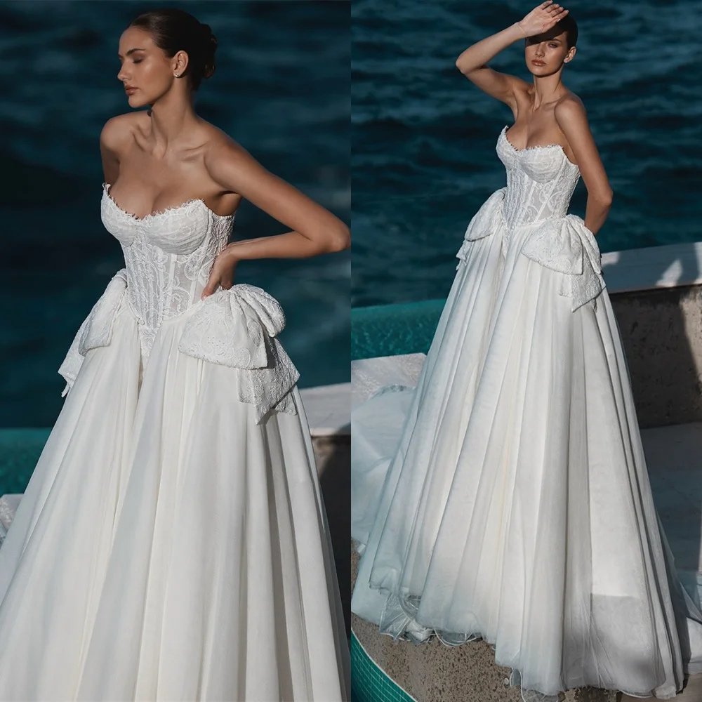 

Customized Luxury White Wedding Dresses for Woman Exquisite Strapless Bridal Gowns Temperament Bow Wedding Guest Dresses
