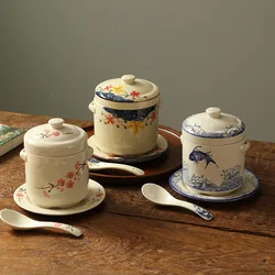 Ceramic Stew Pot Japan Plum Blossom Stew Bowl Double Lid Stewed Bird's Nest Steamed Egg Double Handle Egg Cup Kitchen Tableware